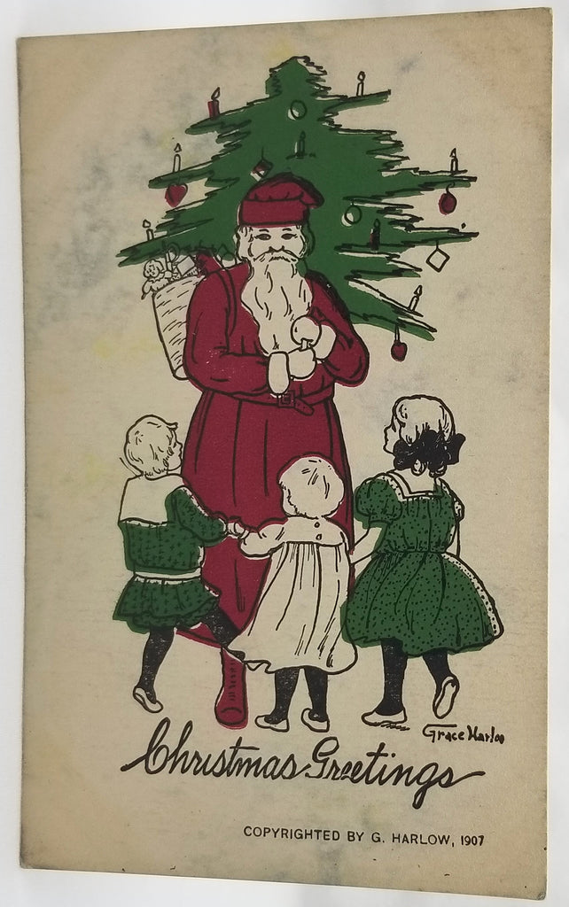 Christmas Postcard Santa Claus with Children Red & Green Color Scheme Artist Grace Harlow 1907