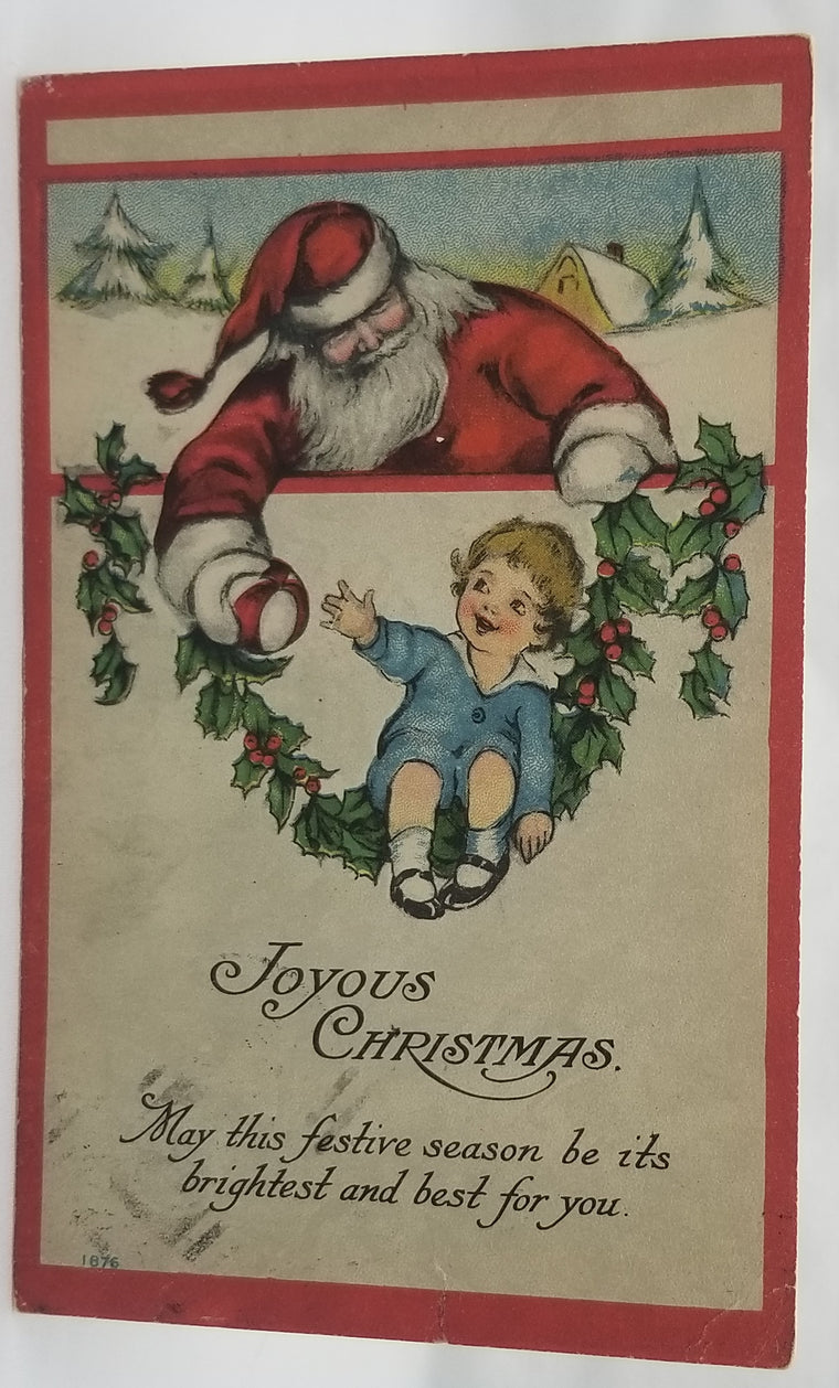 Christmas Postcard Santa Claus Handing Ball to Little Boy Swinging on Holly