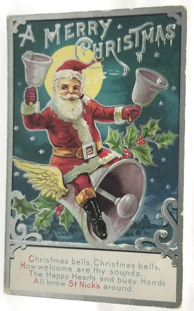 Christmas Postcard Santa Claus Ringing Bells While Riding Giant Bell Kris Kringle Series 1 Silver Highlights