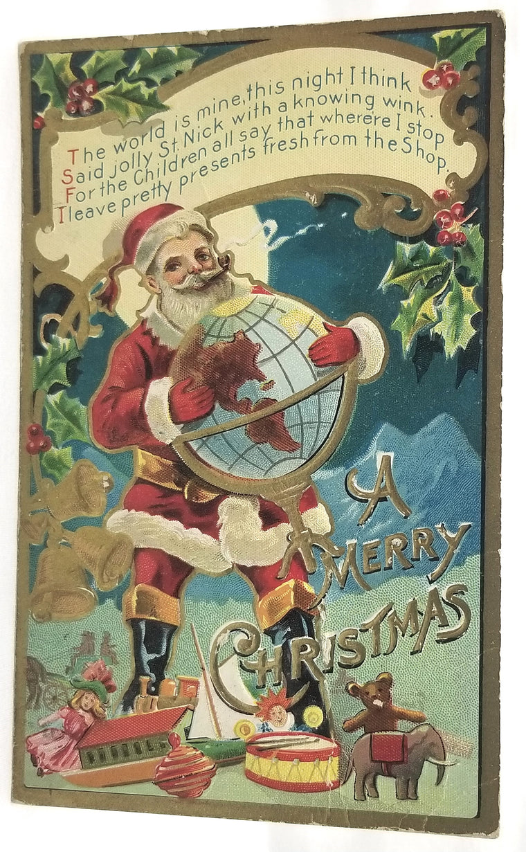 Christmas Postcard Santa Claus Holding Large World Globe Kris Kringle Series 1 Gold Highlights