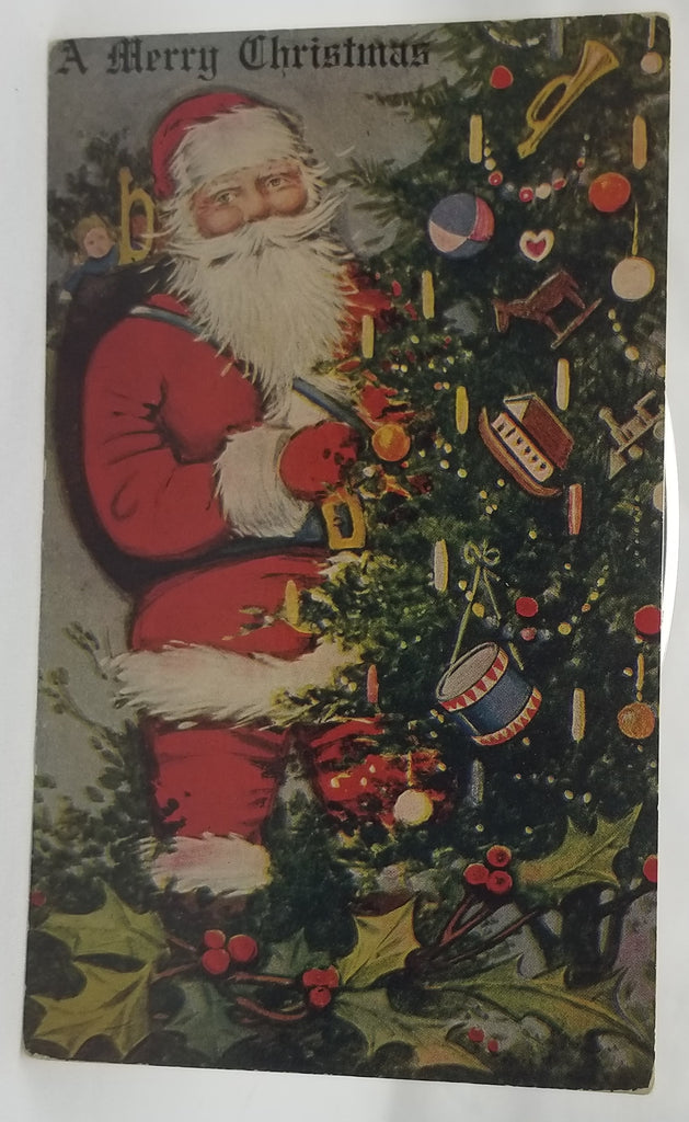 Christmas Postcard Santa Claus Climbing Side of Decorated Tree Anglo XMAS Series