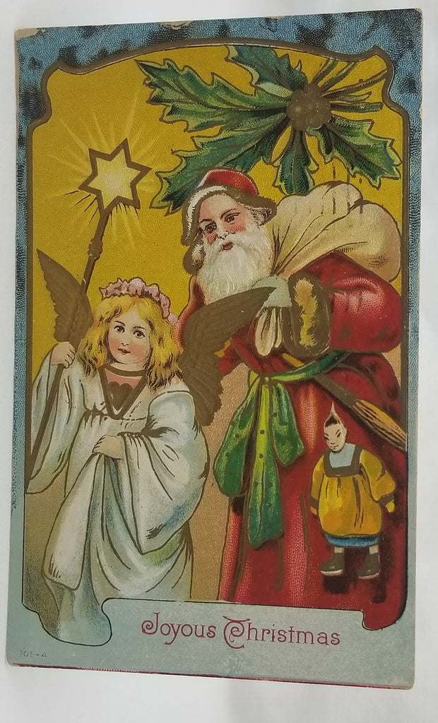 Christmas Postcard Santa Claus Standing with Angel Holding Star Wand Nice Gold Embossed Highlights