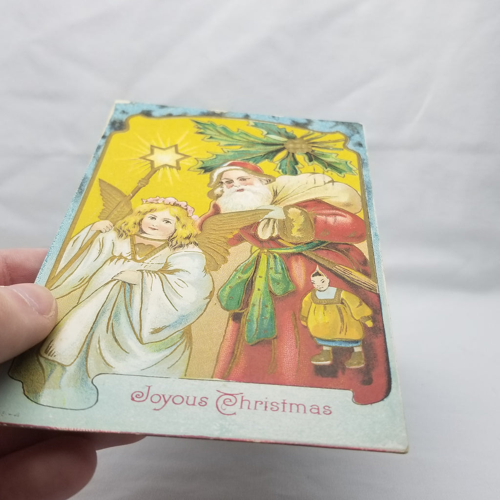 Christmas Postcard Santa Claus Standing with Angel Holding Star Wand Nice Gold Embossed Highlights