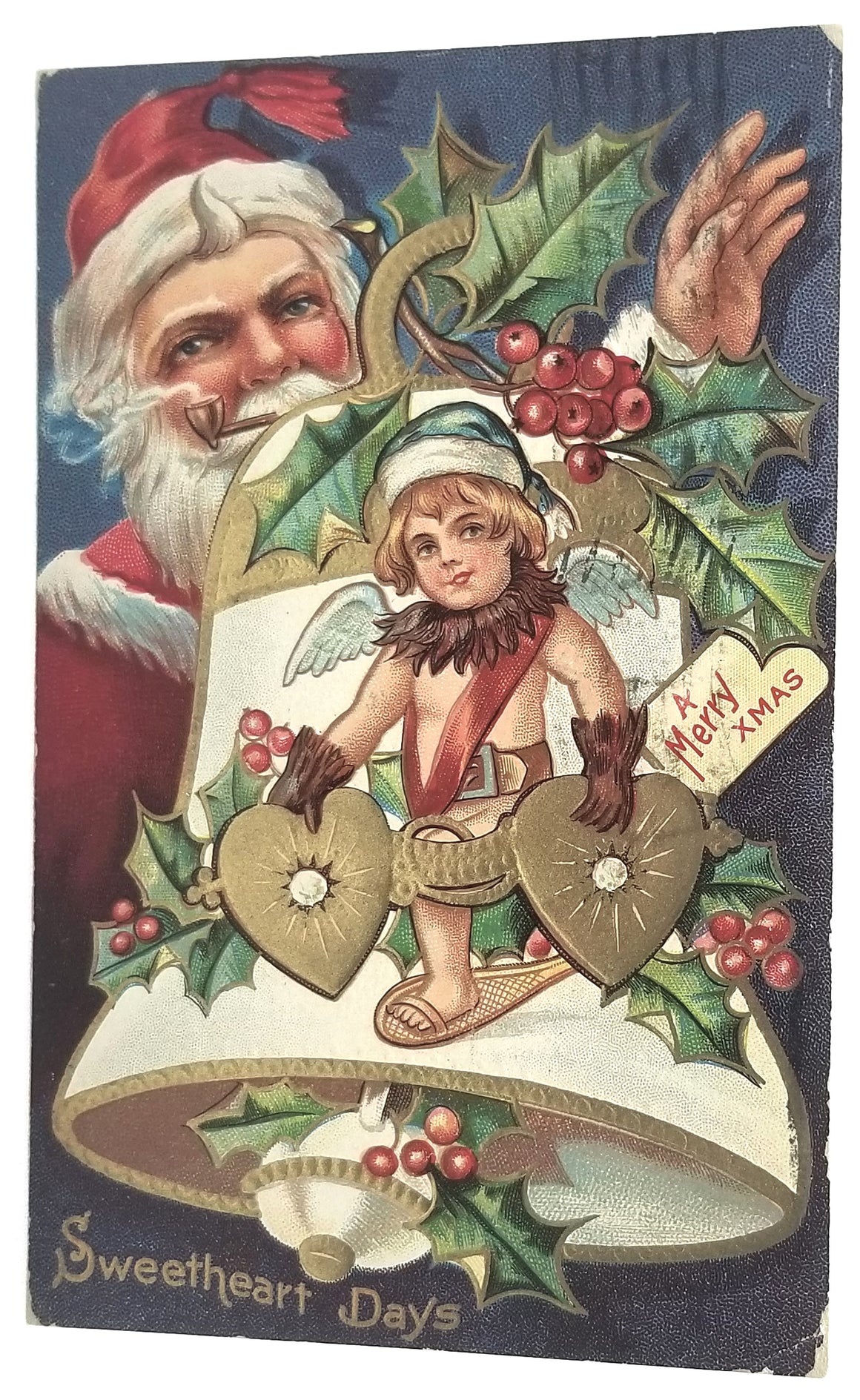 Christmas Postcard Santa Claus with Cherub Holding Hearts Giant Bell Sweetheart Series