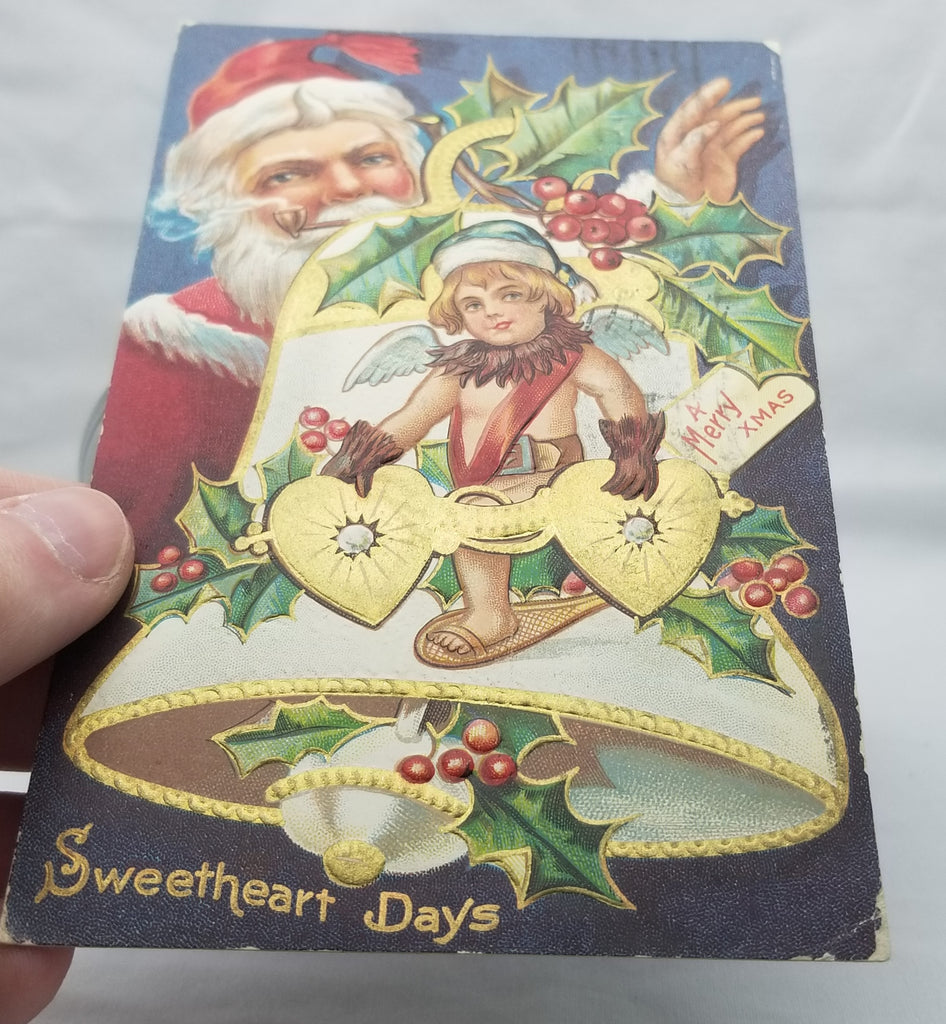 Christmas Postcard Santa Claus with Cherub Holding Hearts Giant Bell Sweetheart Series