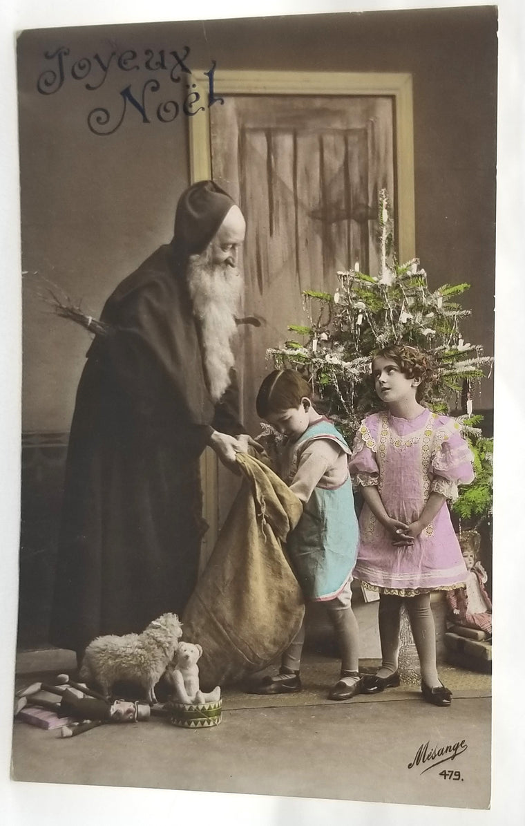 Christmas Postcard Santa Claus RPPC Real Photo St Nicholas with Children Tinted French Card