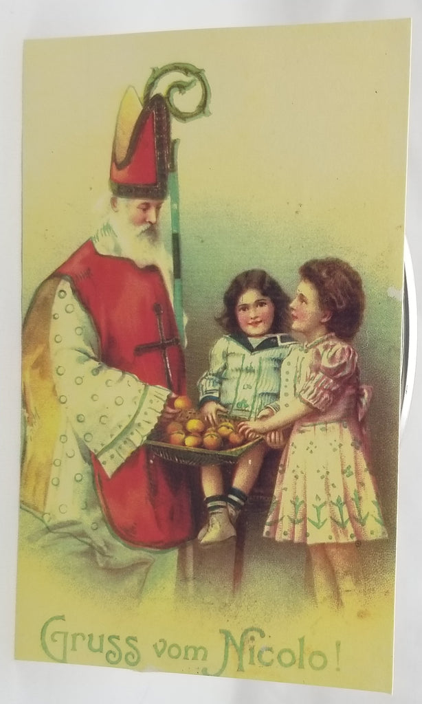 Christmas Postcard Santa Claus Old World St Nick Giving Children Fruit French St Nicholas