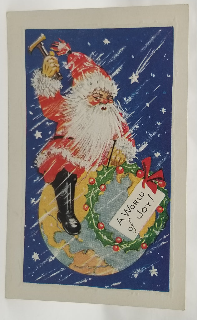 Christmas Postcard Santa Claus Atop the Earth in Space with Flying Stars Series C-26