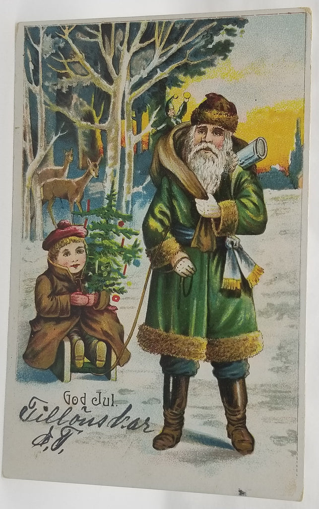 Christmas Postcard Swedish Santa Claus in Green Robe Pulling Child on Sled in Winter Woods