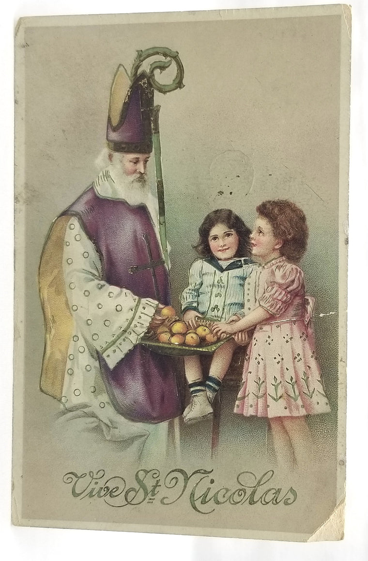 Christmas Postcard Santa Claus with Children St Nicholas in Purple Robe Gel Finish Gold Highlights