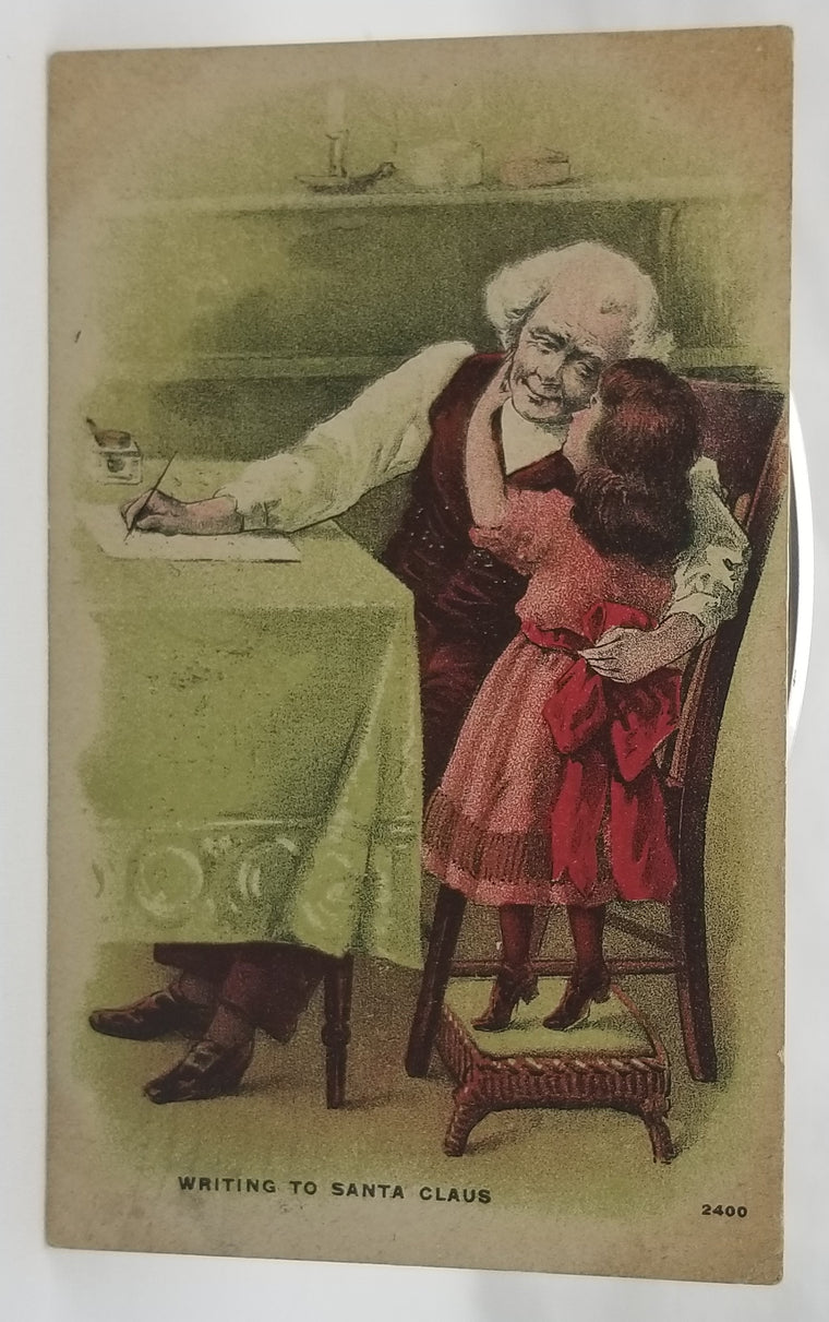 Christmas Postcard Writing to Santa Claus Child with Grandpa at Table