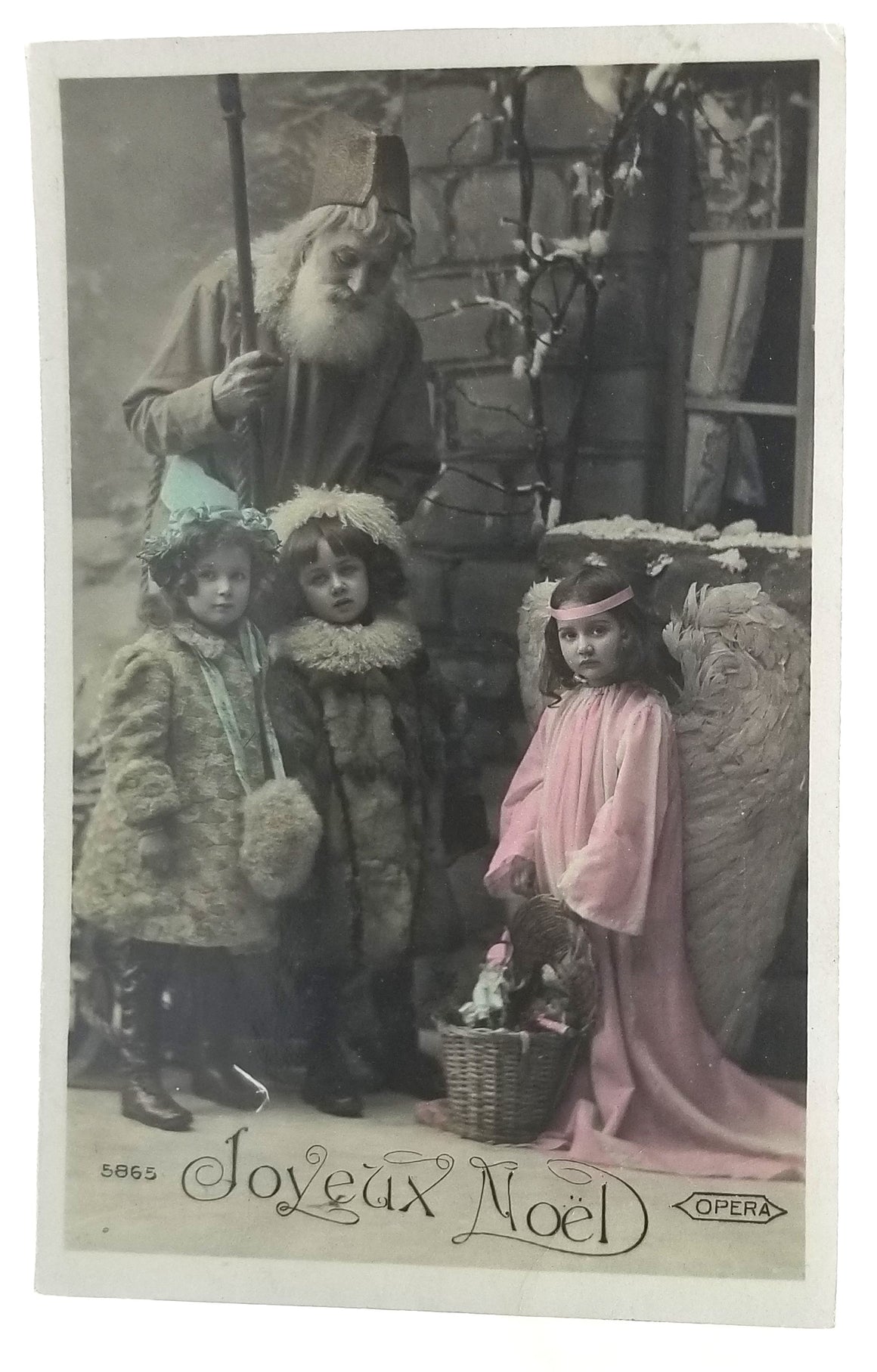 Christmas Postcard Santa Claus RPPC Real Photo St Nicholas With Children One Dressed as Angel Hand Tinted