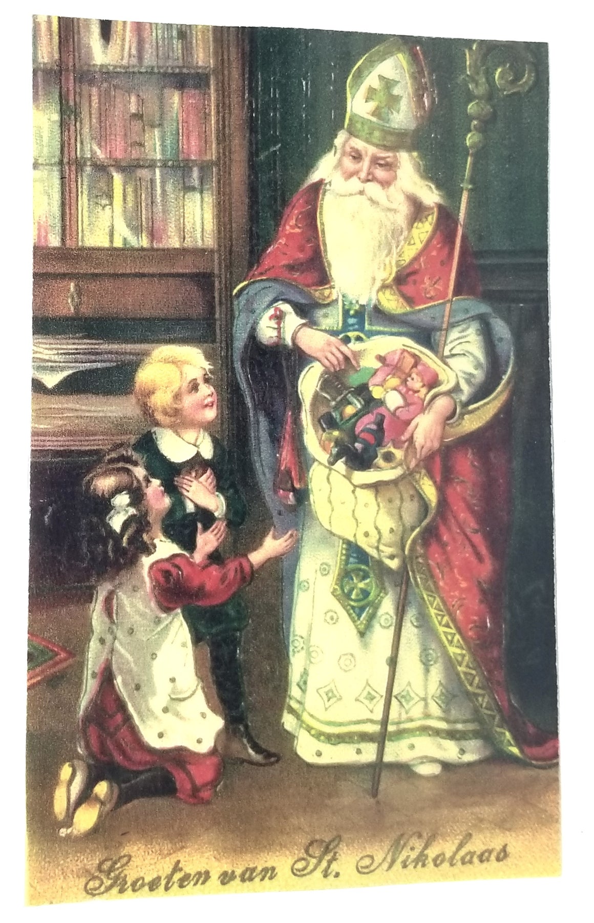 Christmas Postcard Old World Santa Claus with Children St Nicholas Giving Basket of Gifts to Children Dutch Card