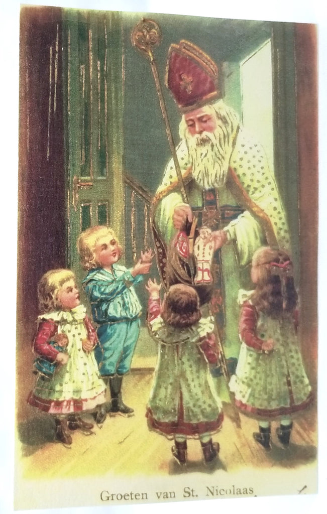 Christmas Postcard Old World Santa Claus with Children St Nicholas in White Robe Giving Gifts to Children Dutch Card