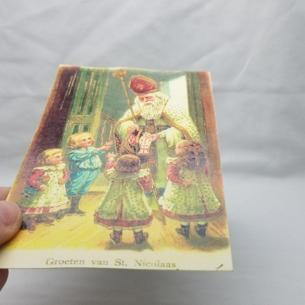 Christmas Postcard Old World Santa Claus with Children St Nicholas in White Robe Giving Gifts to Children Dutch Card