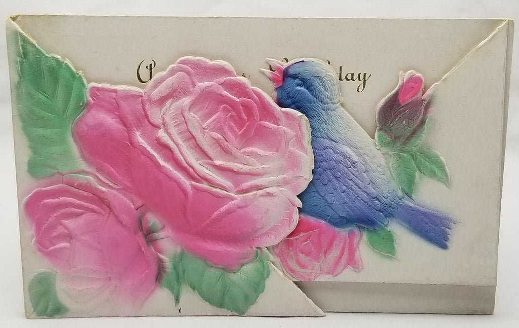 Happy Birthday Postcard Blue Bird Pink Rose Airbrush Painted Fold Open Die Cut Style