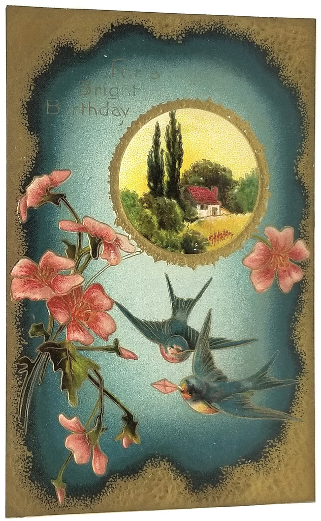 Greetings Postcard Happy Birthday Blue Birds with Pink Flowers Gold Border and Landscape Embossed Unused Card