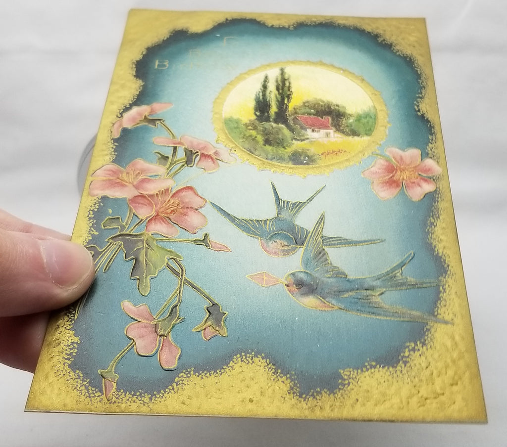 Greetings Postcard Happy Birthday Blue Birds with Pink Flowers Gold Border and Landscape Embossed Unused Card