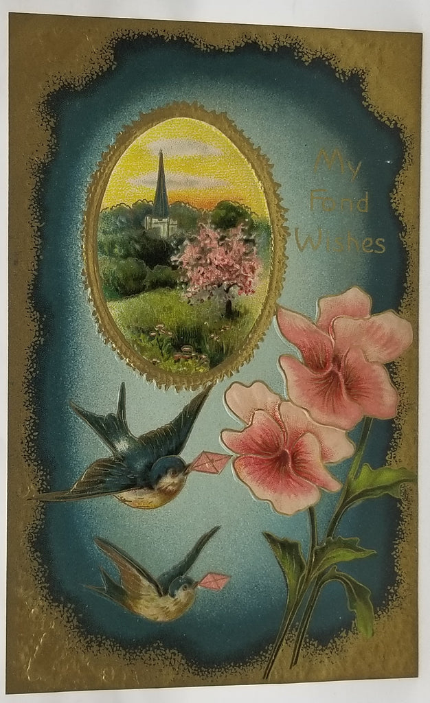 Greetings Postcard Happy Birthday Blue Birds with Pink Flowers Gold Border Highlights and Landscape Embossed Unused Card