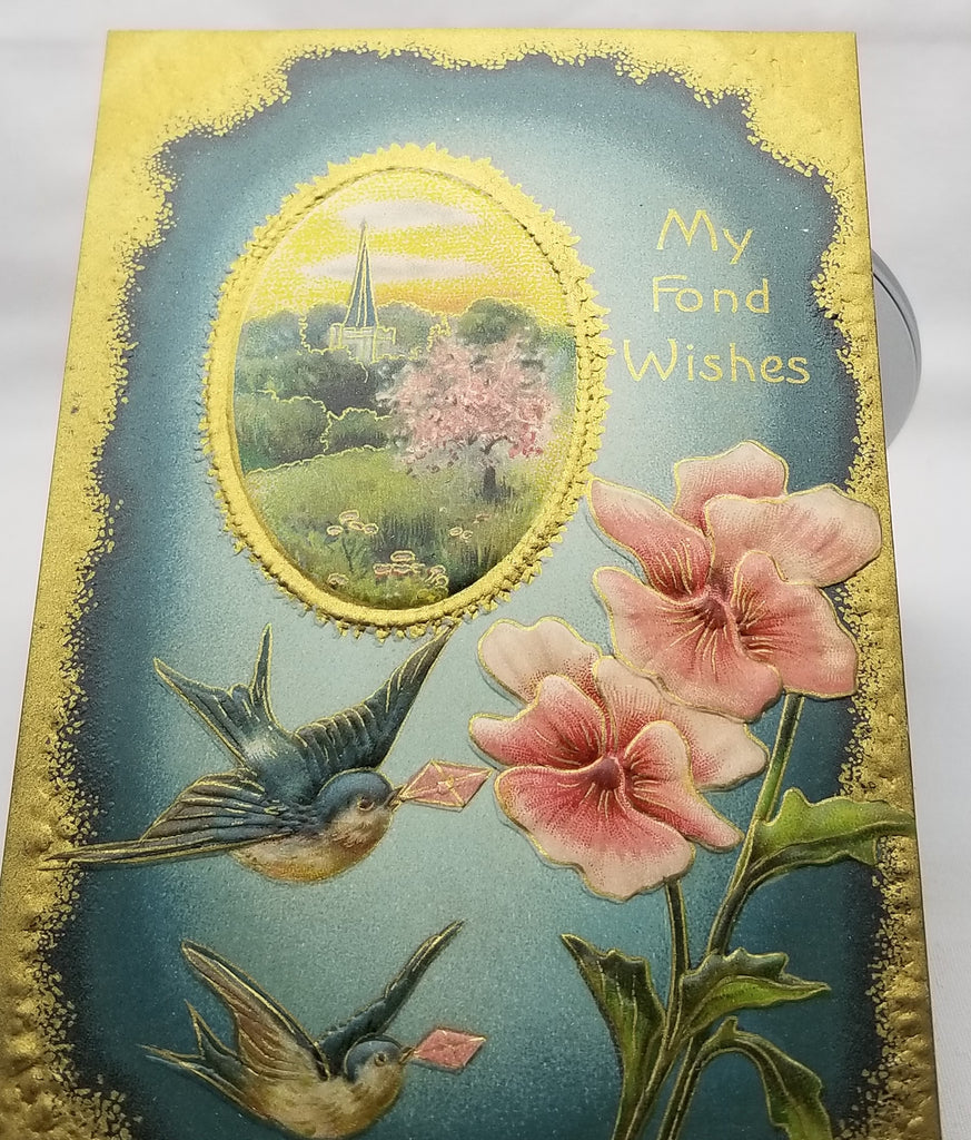 Greetings Postcard Happy Birthday Blue Birds with Pink Flowers Gold Border Highlights and Landscape Embossed Unused Card