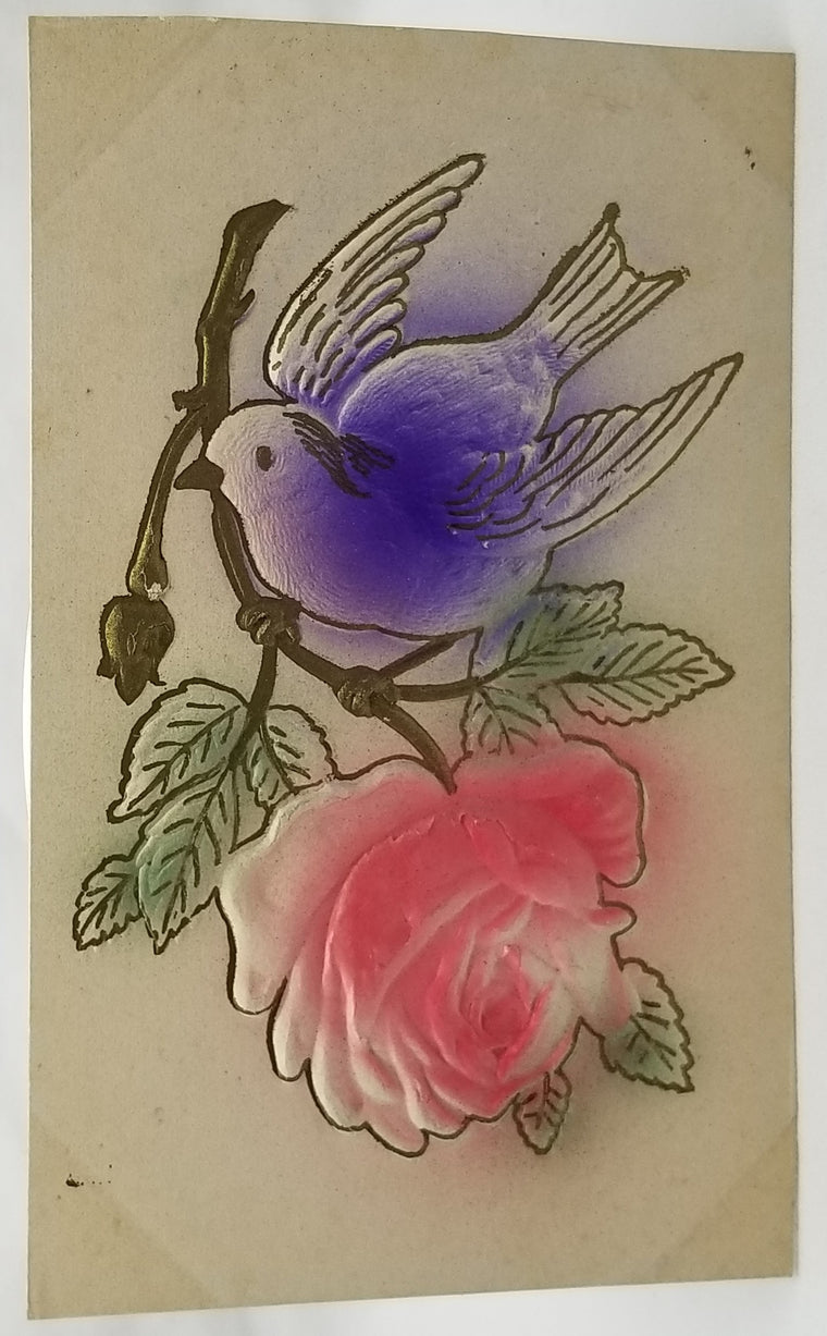 Best Wishes Greeting Postcard Purple Bird on Pink Rose Airbrush Painted Card