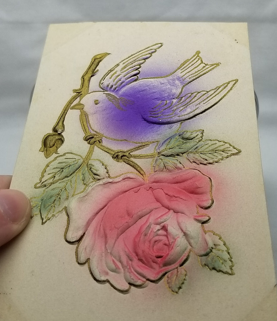 Best Wishes Greeting Postcard Purple Bird on Pink Rose Airbrush Painted Card