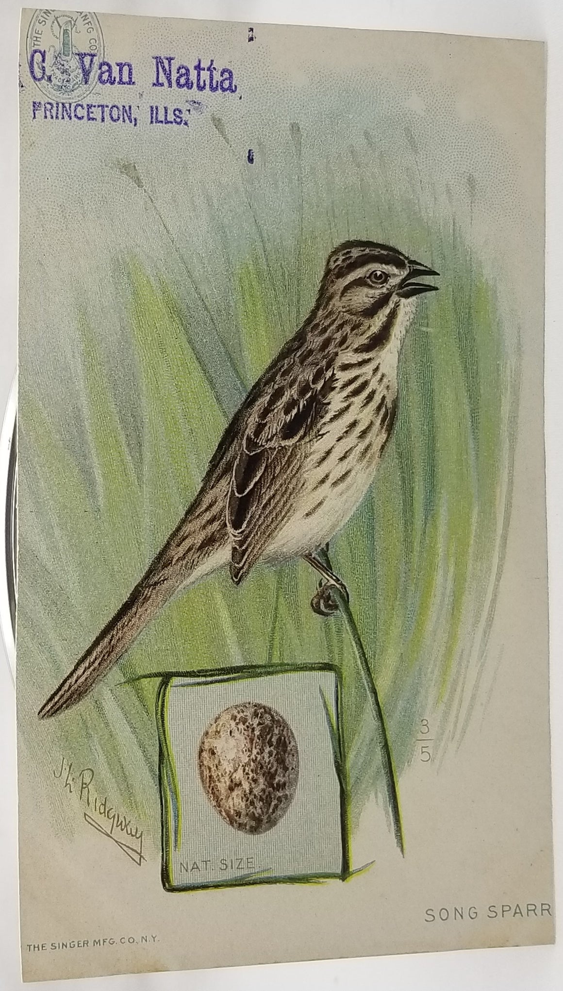 Advertising Trade Card Singer Sewing Machine Song Sparrow Bird Artist Ridgway