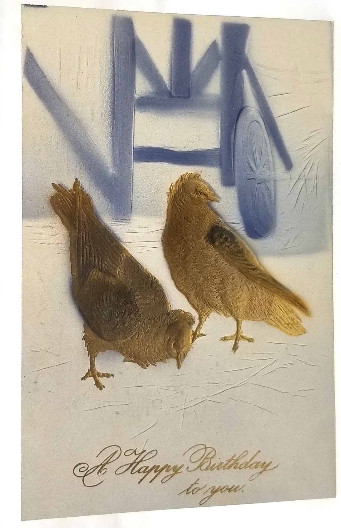 Greetings Postcard Happy Birthday Airbrush Painted Birds in Barnyard Gold Blue Heavy Embossed Unused Card PFB Pub 9238