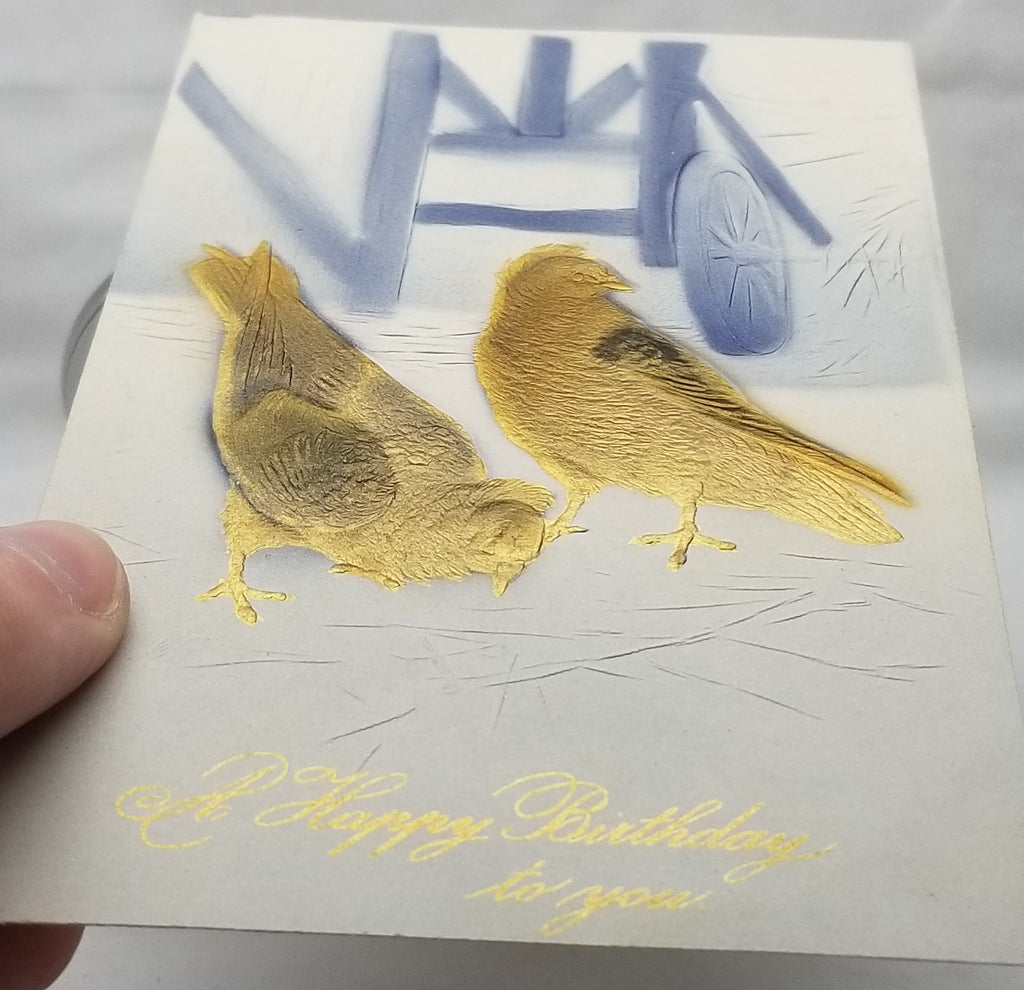 Greetings Postcard Happy Birthday Airbrush Painted Birds in Barnyard Gold Blue Heavy Embossed Unused Card PFB Pub 9238