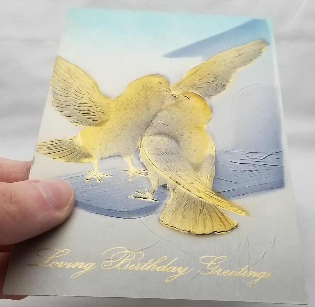 Greetings Postcard Happy Birthday Airbrush Painted Birds Kissing at House Gold Blue Heavy Embossed Unused Card PFB Pub 9238