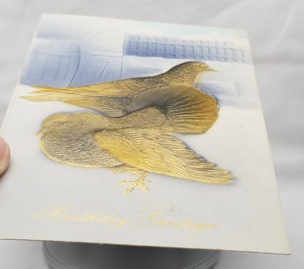 Greetings Postcard Happy Birthday Airbrush Painted Birds in Yard Gold Blue Heavy Embossed Unused Card PFB Pub 9238