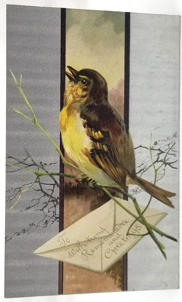 Greetings Postcard Best Wishes Linnet Bird Singing Silver Background Series 2111 Embossed Unused Card