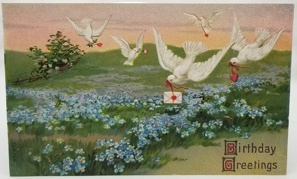 Greetings Postcard Happy Birthday Embossed Unused Card White Doves Flying Over Blue Flower Fields