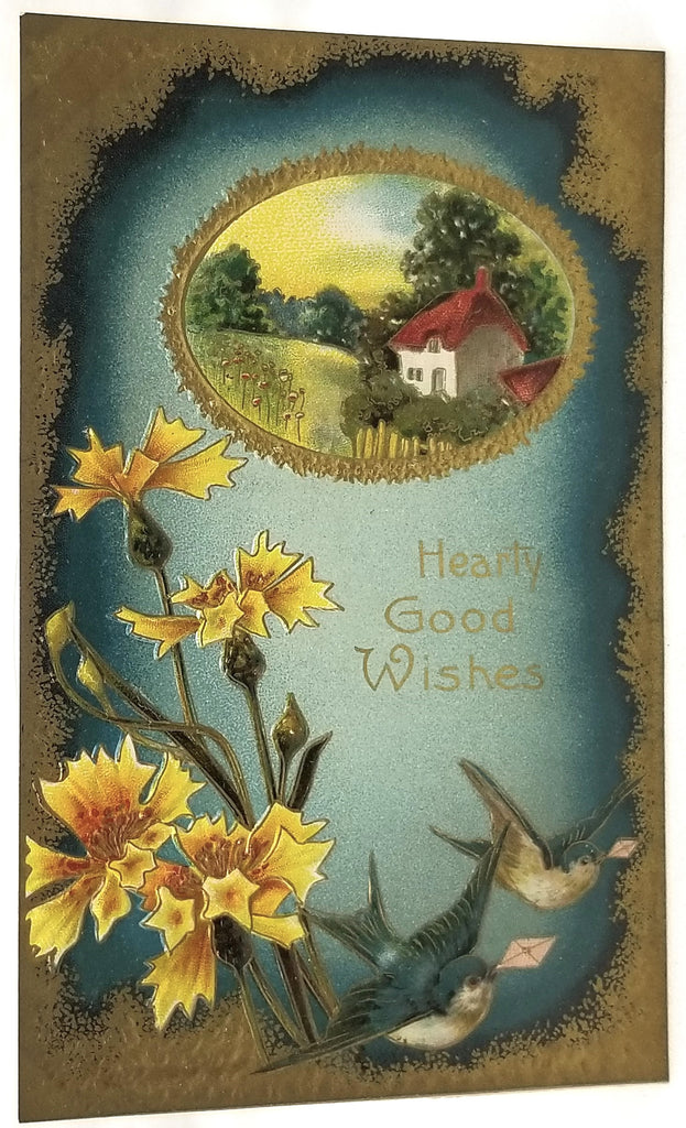 Greetings Postcard Happy Birthday Blue Birds with Yellow Flowers Gold Border and Landscape Embossed Unused Card