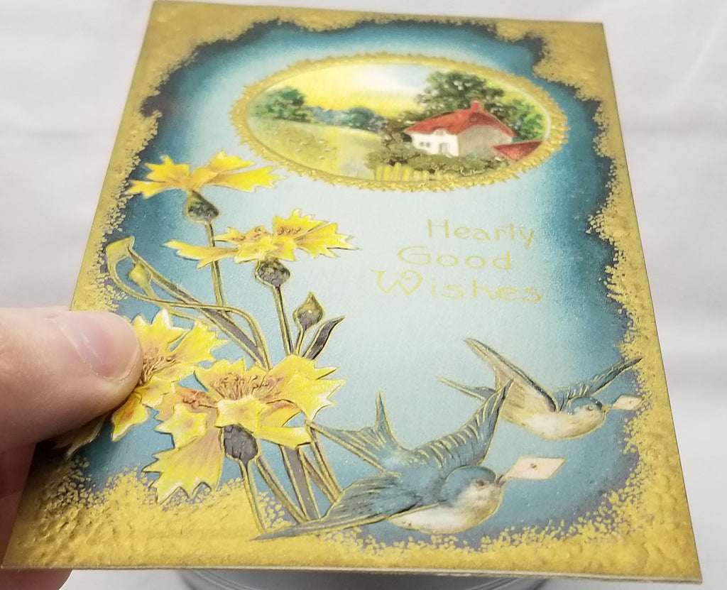 Greetings Postcard Happy Birthday Blue Birds with Yellow Flowers Gold Border and Landscape Embossed Unused Card