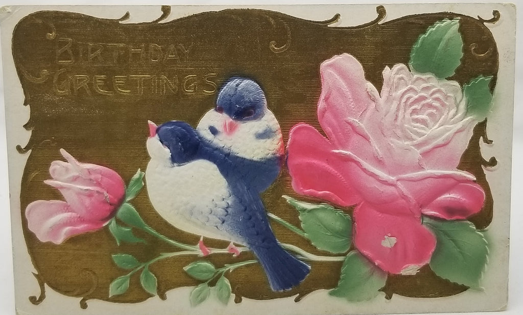 Greetings Postcard Happy Birthday Heavy Embossed Card Blue Birds with Pink Rose Air Brushed with Gold Background