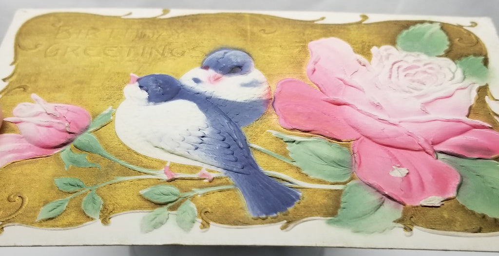 Greetings Postcard Happy Birthday Heavy Embossed Card Blue Birds with Pink Rose Air Brushed with Gold Background