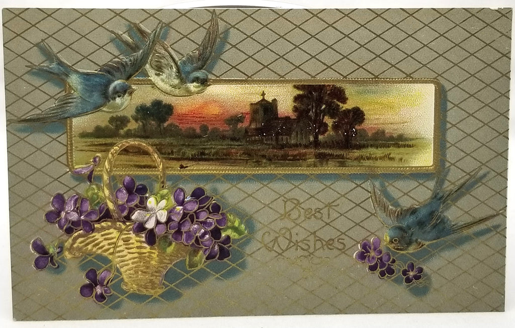 Greetings Postcard Best Wishes Blue Birds Basket of Violets with Gold Trim Embossed Unused Card