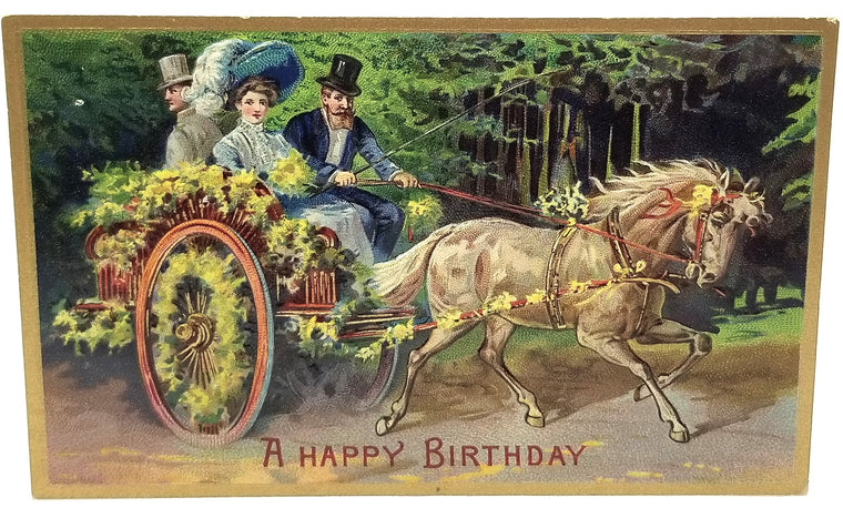 Happy Birthday Postcard Edwardian Couple in Horse Drawn Carriage Series 50