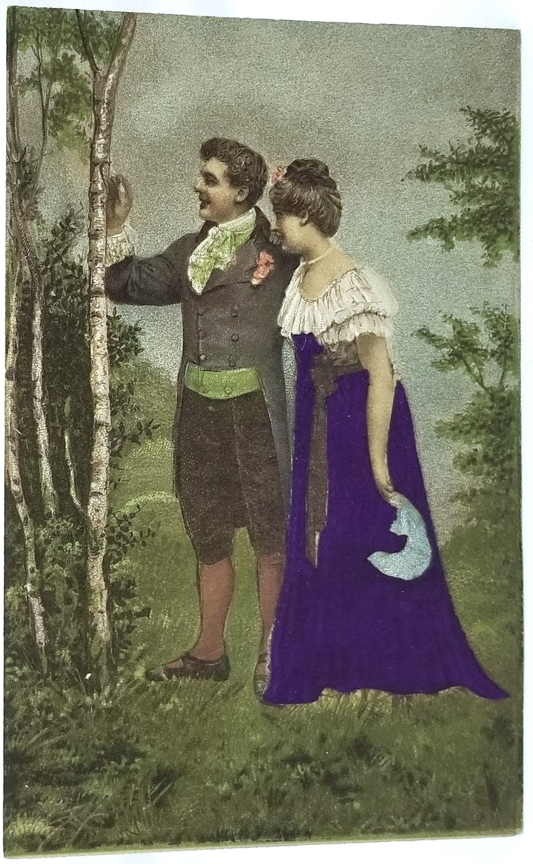 Romance Postcard Couple in Forest Edwardian Woman Wearing Purple Silk Applied Skirt