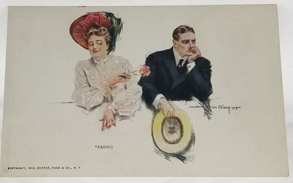 Romantic Couple Woman Holding Pink Rose to Man Postcard Artist Howard Chandler Christy Titled Teasing 1908 Moffat Pub NY