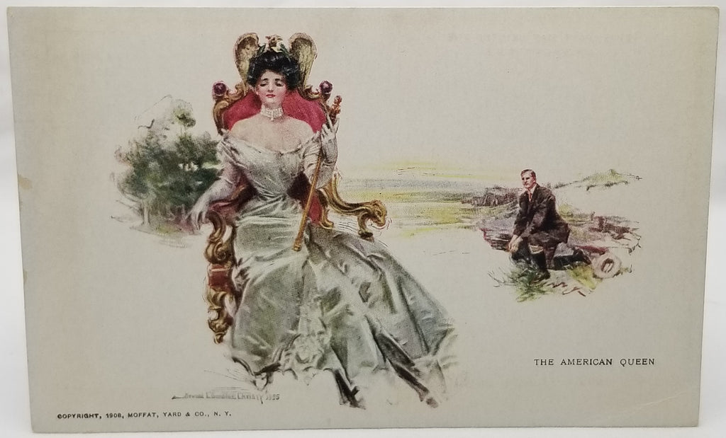 Romantic Couple Woman Seated with Man in Distance Postcard Artist Howard Chandler Christy Titled American Queen 1908 Moffat Pub NY