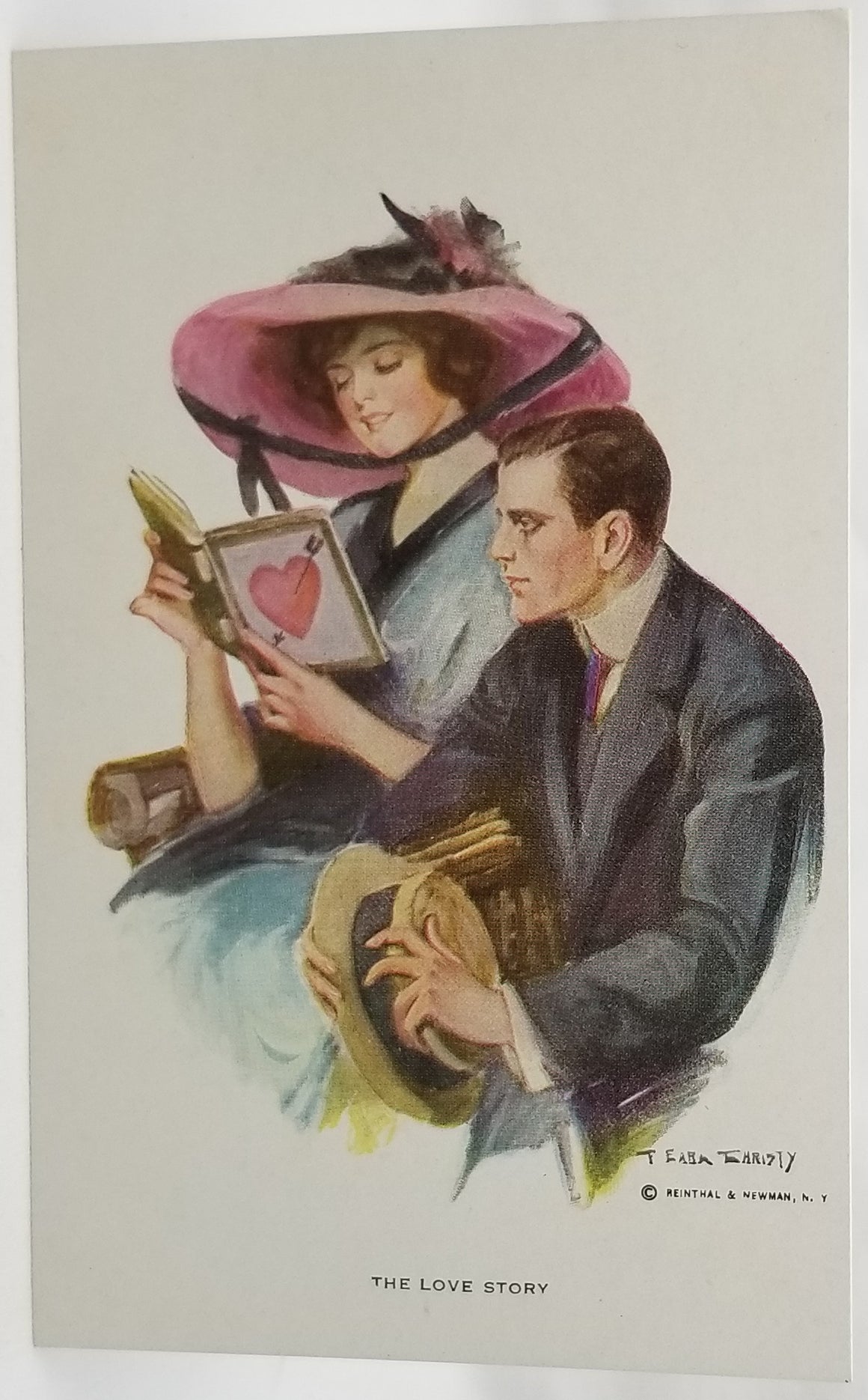 Romantic Couple Reading From Book with Heart Earl Christy Title Love Story Reinthal & Newman #278