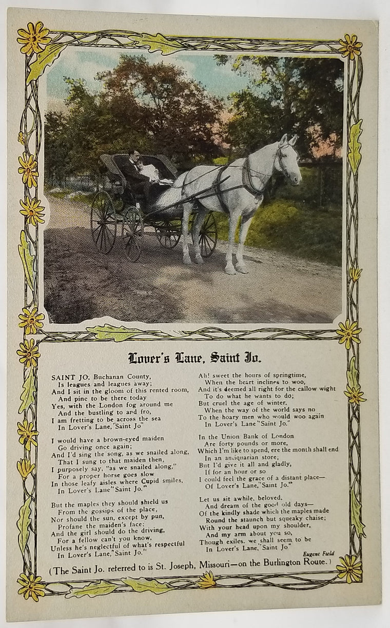 Romance Postcard Couple Riding in Horse & Carriage with Poem Lover's Lane Saint Jo