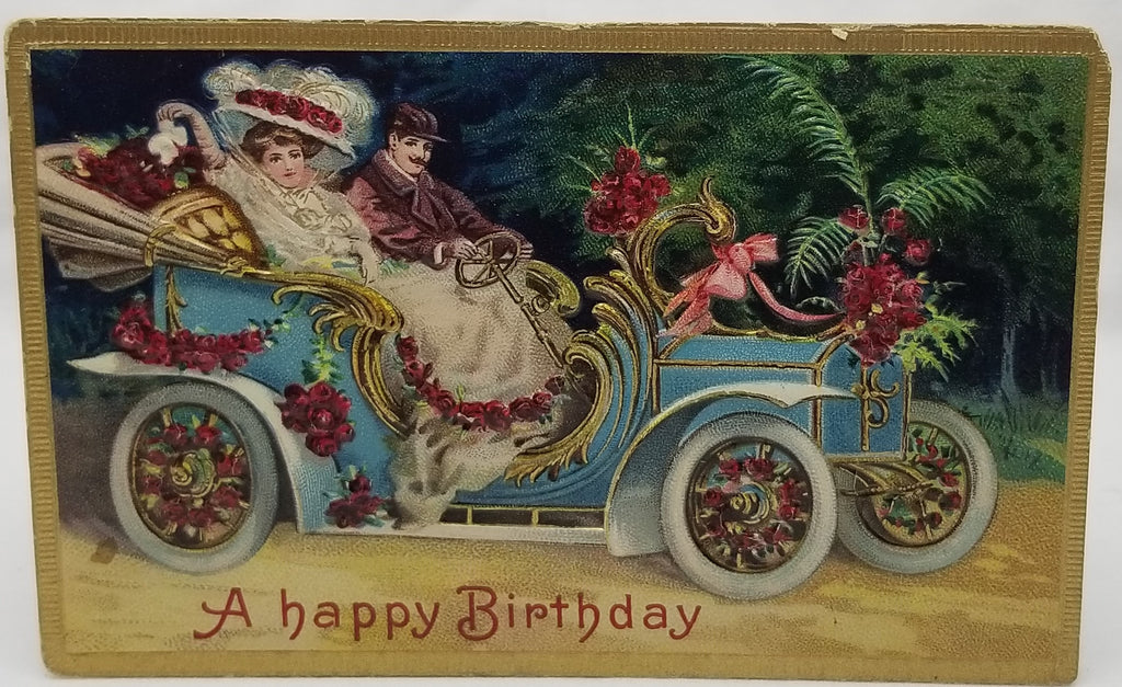 Happy Birthday Postcard Edwardian Couple in Old Timey Car Covered in Roses Series 50