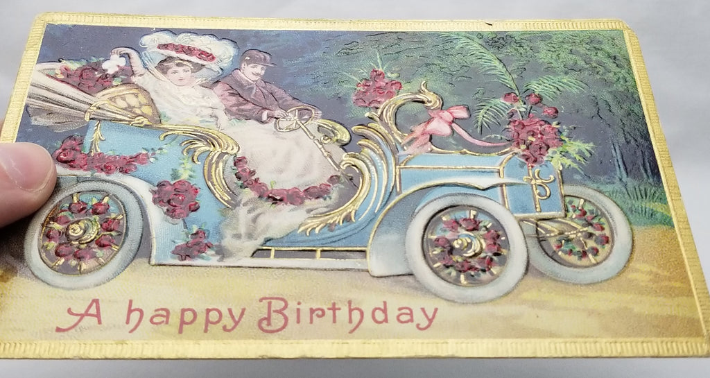 Happy Birthday Postcard Edwardian Couple in Old Timey Car Covered in Roses Series 50