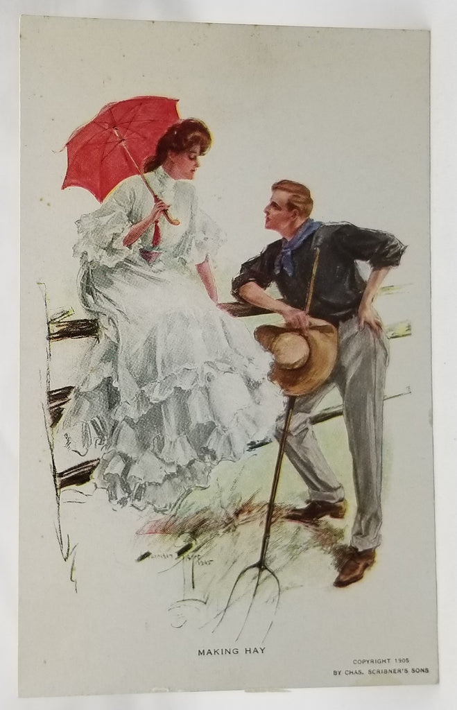 Romance Couple Postcard Artist Harrison Fisher Titled Making Hay Woman on Fence Chatting with Farmer Man Holding Pitchfork