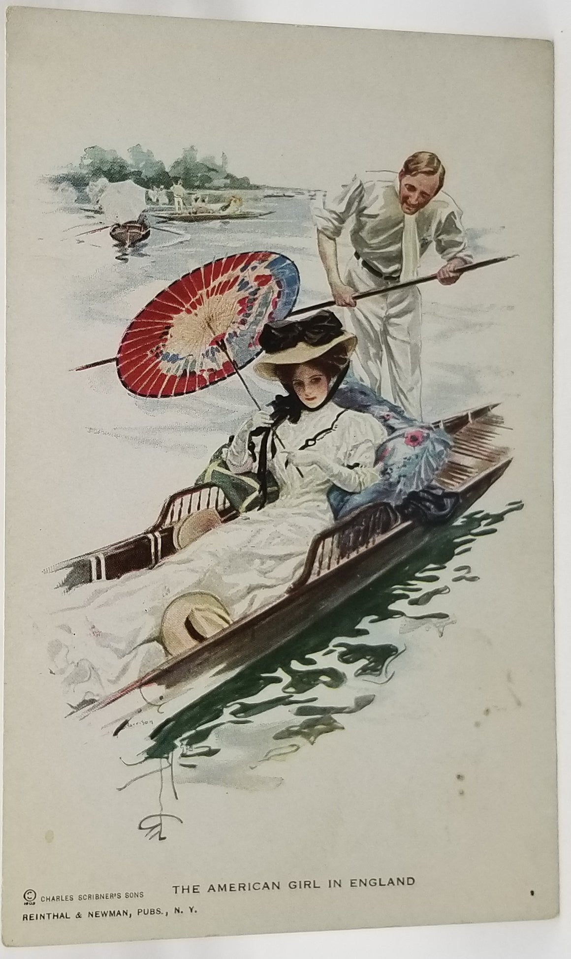 Romance Postcard Woman in Gondola with Man Rowing Harrison Fisher Titled American Girl in England Reinthal Newman Pub