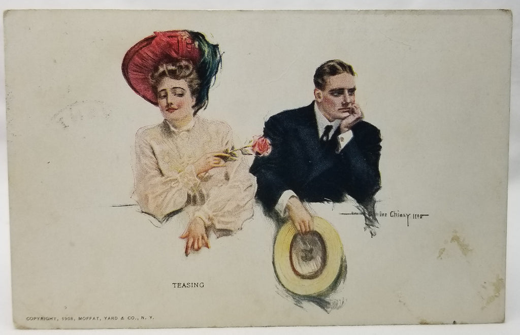 Romance Couple Postcard Artist Chandler Christy Titled Teasing Woman Handing Man Holding Hat a Rose 1906