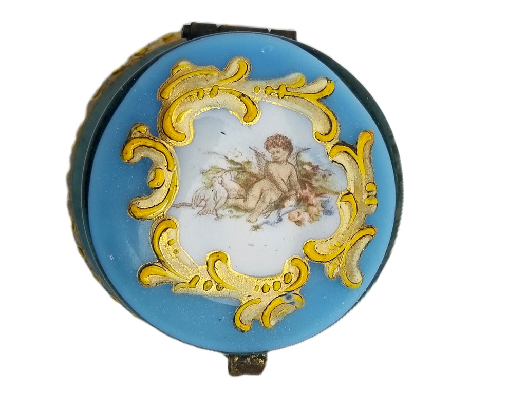 Bohemian Art Glass Pill Box Blue Opalescent Hand Painted Enamel Decorated Cherub Angel